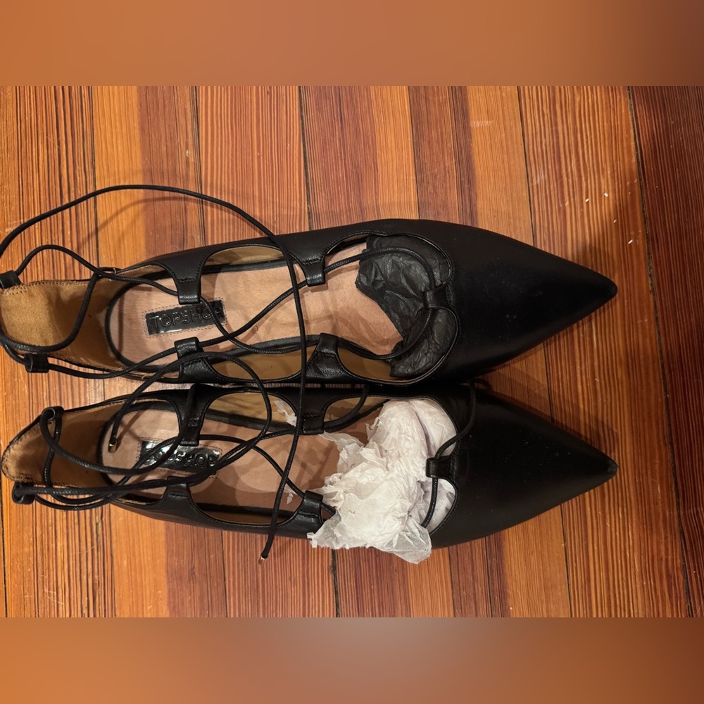 Topshop black lace up pointed flat, 40